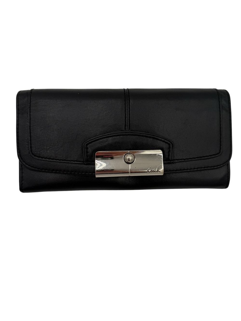 Coach Kristin Black Leather Snap Closure Wallet Clutch Pink Satin Interior